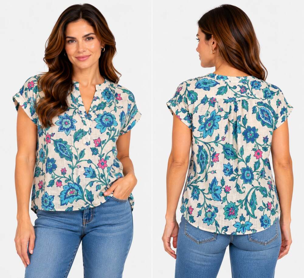 Emily Daniels Womens S White Blue Floral Linen Blend Boho Summer Blouse Top